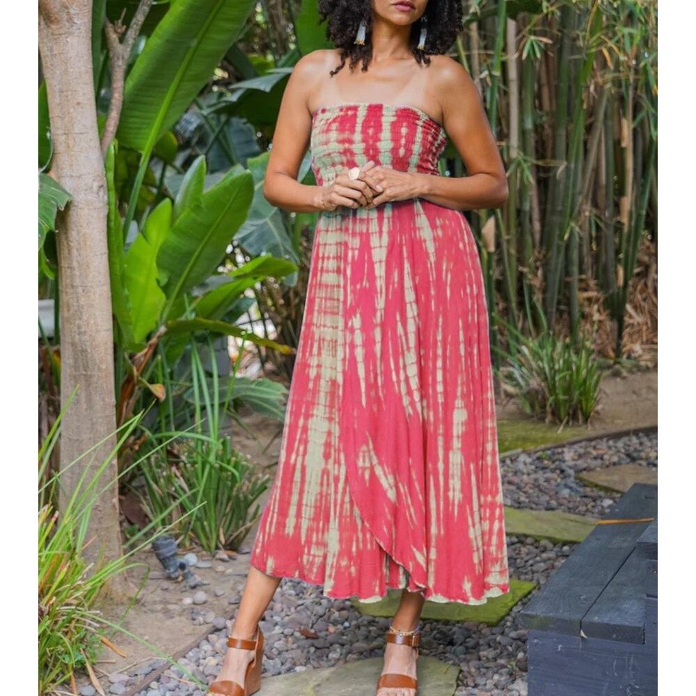 Bali Queen | One Size | Coral & Cream Tie-Dye Smoked Bodice Maxi Tia Tube Dress